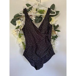 Snozu Vtg Black Polka Dot Stretch Nylon Slimming Ruched One Piece Swimsuit Sz 10